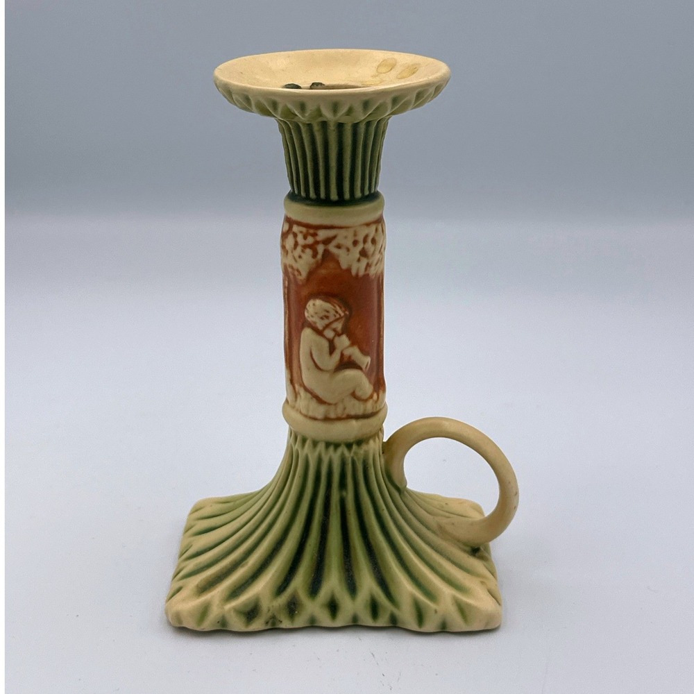 Roseville Pottery Donatello Pattern Loop Handle Candlestick Cherub Motif 1916